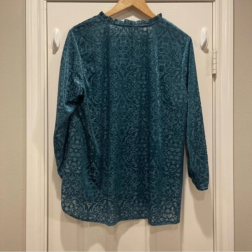 Valerie Stevens Blouse Tunic XL Teal Velvet Burnout Floral Blue Romantic Peasant